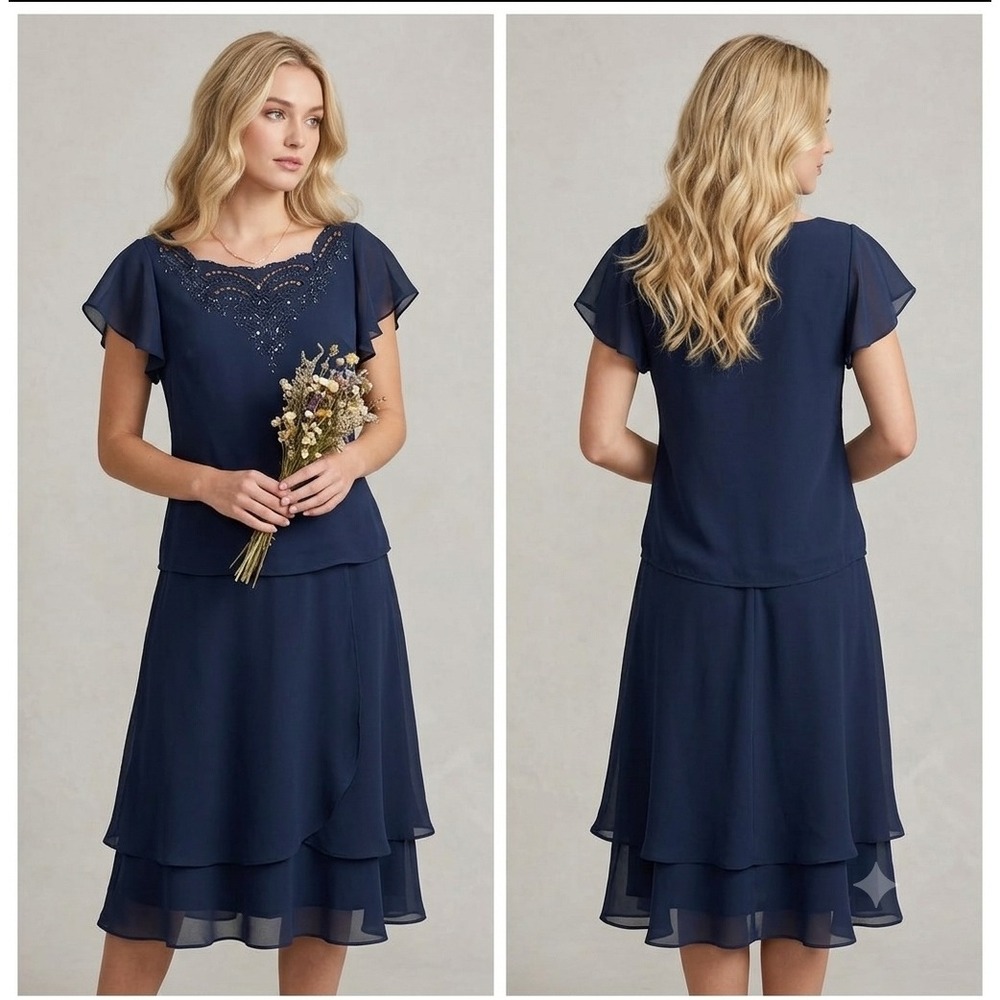 NWT Studio I Women Navy Blue 2 Piece Skirt Set Embroidered Flutter Sleeve 14W